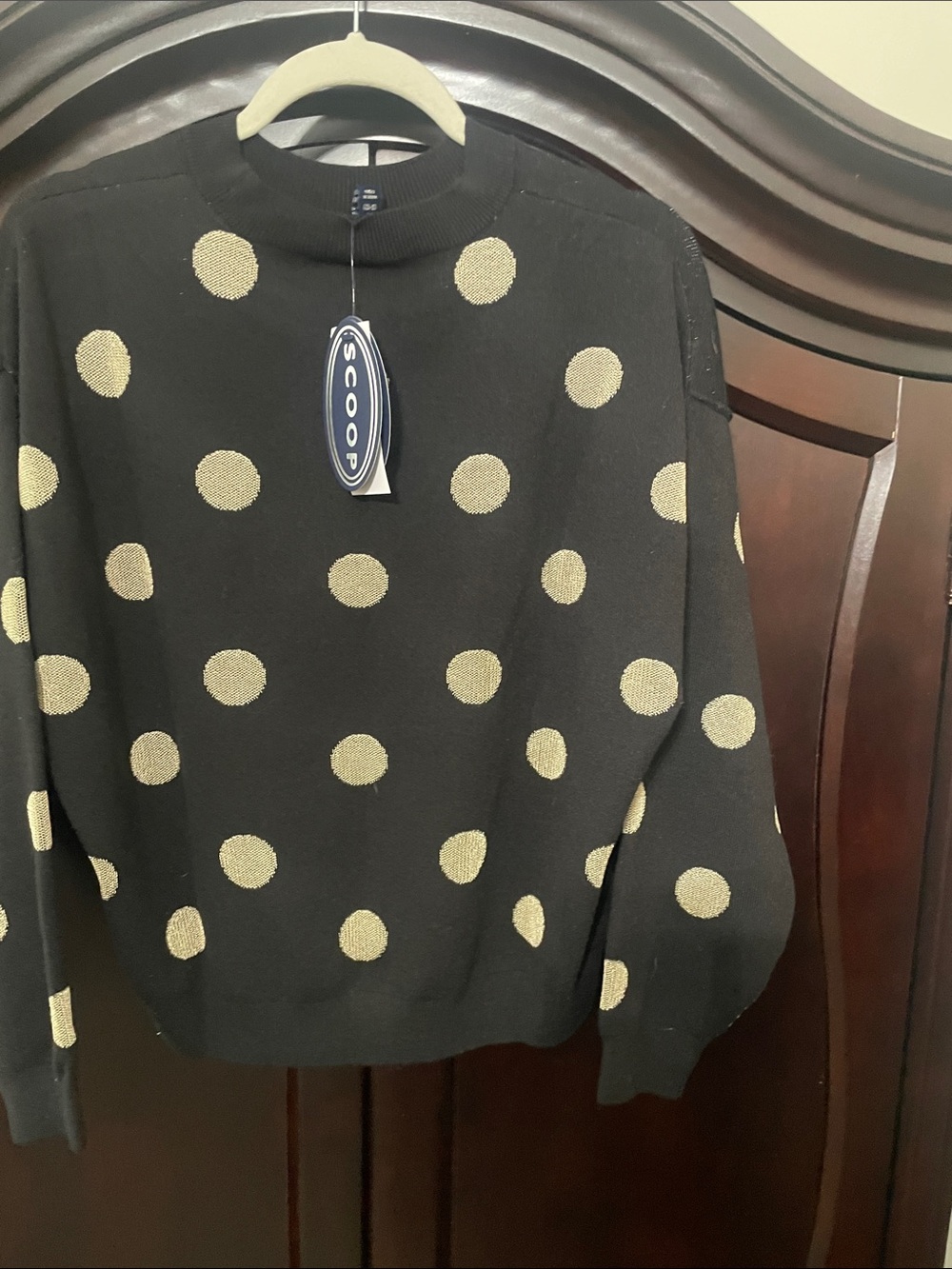 Scoop Black Crewneck Sweater with Gold Polka Dots